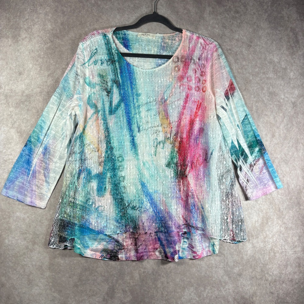 Jess & Jane Top Womens Size Large Multicolor Abstract Art Boho Colorful Casual